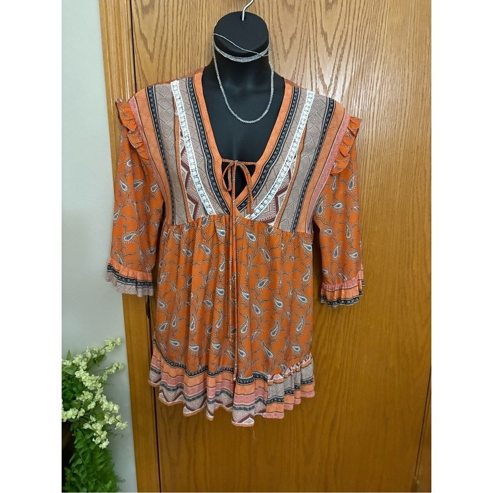 Davi & Dani  Baby Doll Boho  Orange Paisley V-Neck Tie-Front Tunic/dress [COPY]